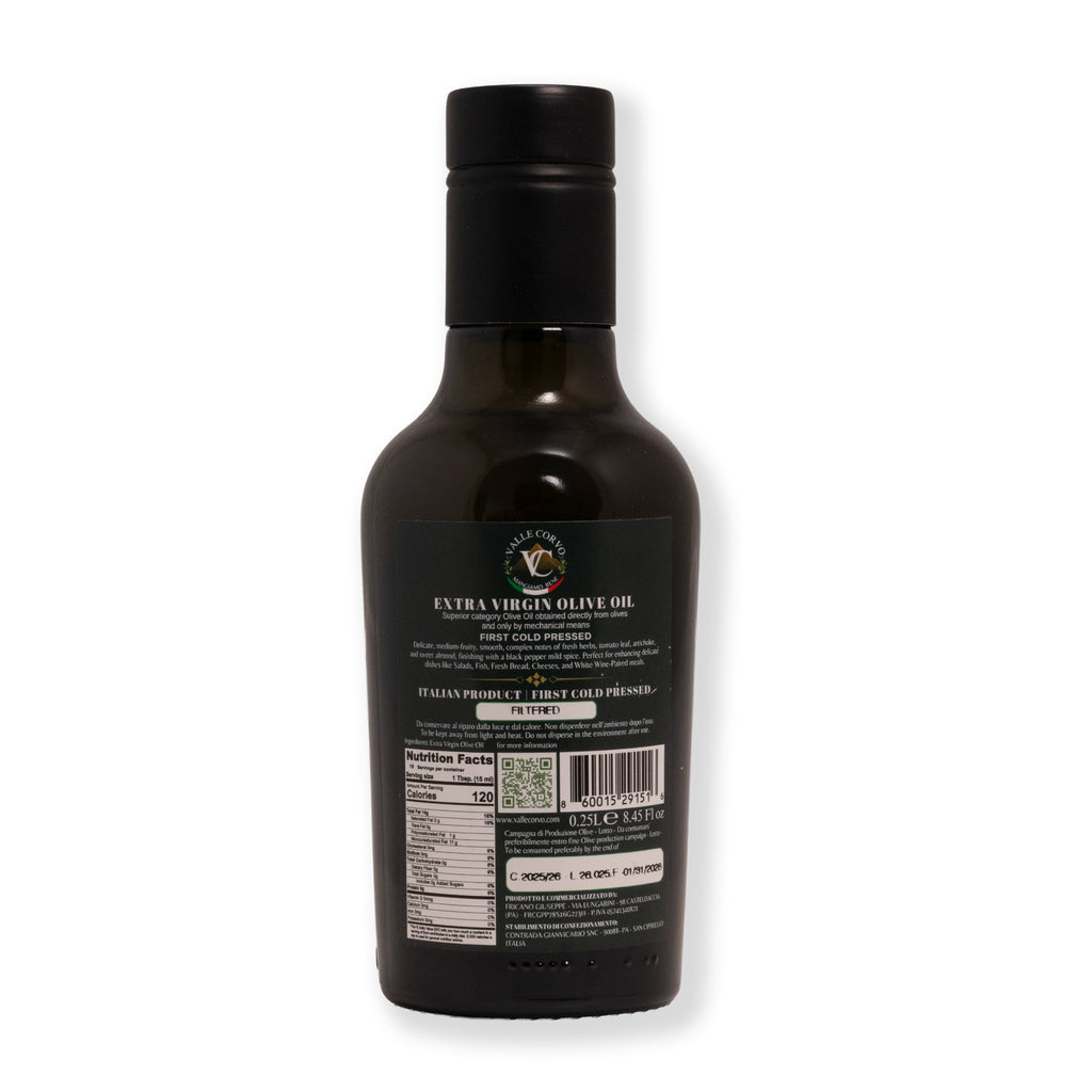 Filtered - 250 ml - 8.5 FL Oz - Valle Corvo - Polyphenol Rich - Extra Virgin Olive Oil - Single Estate - First Cold Pressed